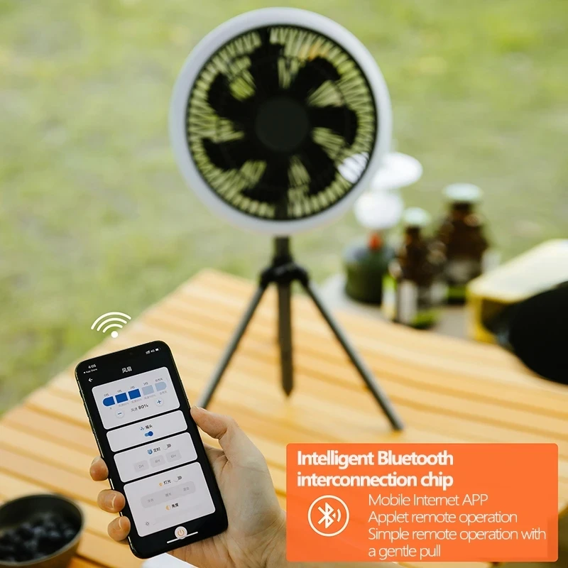 스마트 앱 캠핑 선풍기 충전식 데스크탑 휴대용 무선 천장 선풍기, 보조베터리 LED 조명 삼각대 포함, 10000mAh