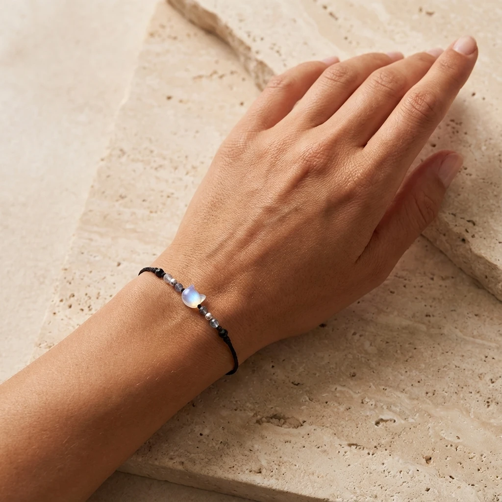 Minimalistisches, süßes, handgeflochtenes schwarzes Armband für Damen mit verträumtem kleinen Katzenanhänger, verstellbarer Glasperlen-Armreif, Schmuckgeschenk