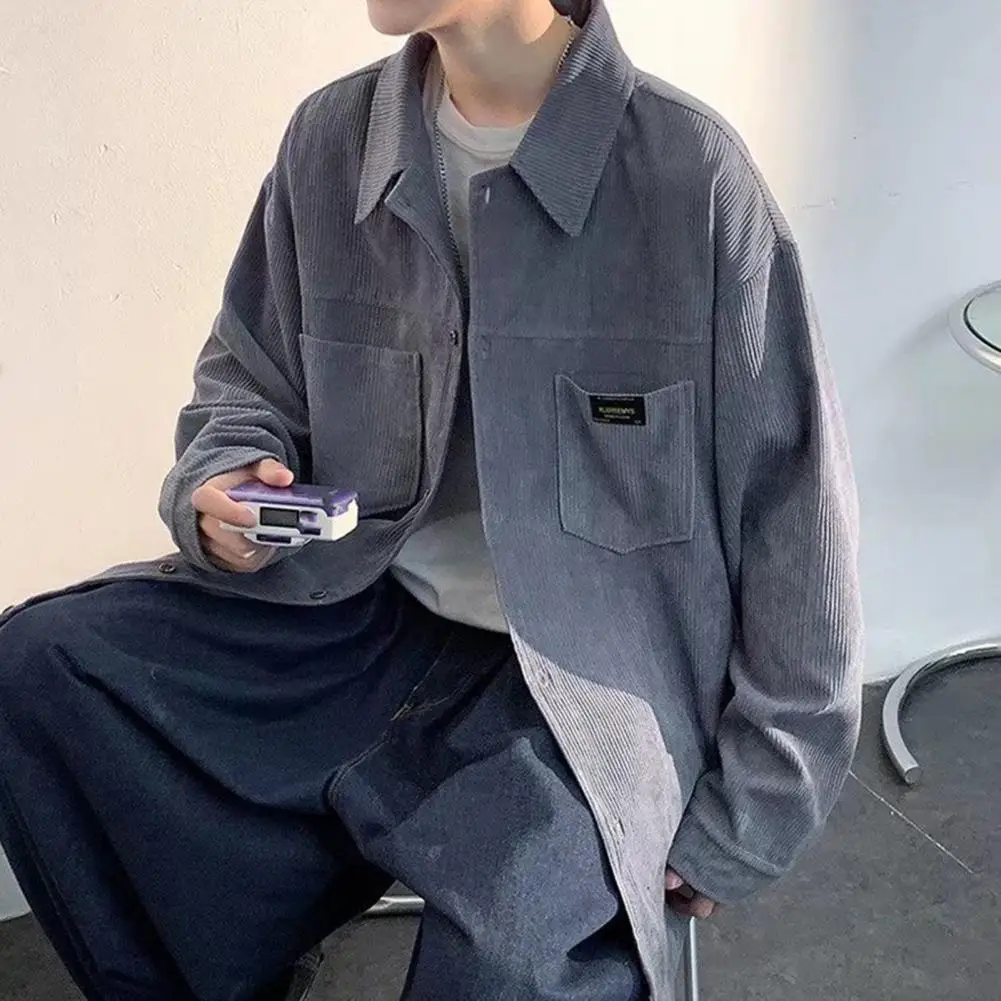 

Long Sleeve Shirt Coat Men's Corduroy Shirt Coat with Lapel Patch Pockets Ribbed Detailing Stylish Spring Autumn for Fashionable