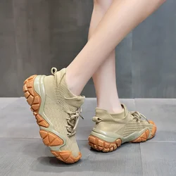 2024 Women's Breathable Lace-up Platform Casual Sneakers Women Vulcanized Shoes Platform Mesh Knit Lace-Up Shoes