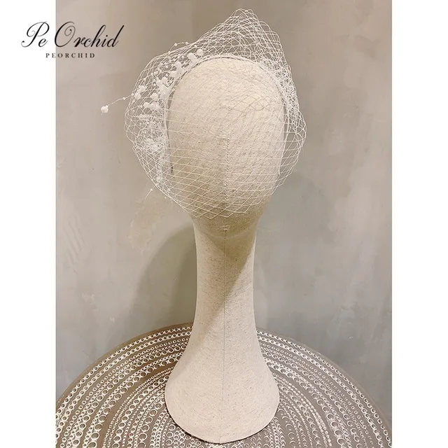 PEORCHID Pearls Birdcage Veil Bridal Hair Accessories Party Headwear White Wedding Short Blusher Veil Fascinator Face Net Mask 2