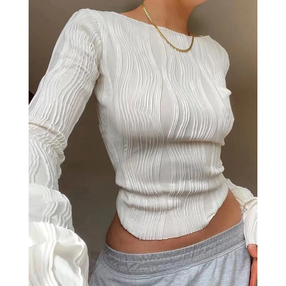 

Fashion Women Ribbed Asymetrical Cropped Top T-Shirt Tees Casual Long Sleeve Traf Tops Blouse Daily Korean Style y2k Clothes