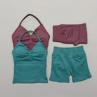 2 Pieces Impact Sports Set Women Backless Tank Yoga Tops High Waist Scrunch Seamless Shorts Sport Gym Set Sportswear Workout Set - Image 4