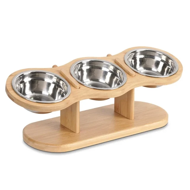 Raised Pet Bowls for Cats and Small Dogs, Bamboo Elevated Dog Cat Food and  Water Bowls Stand Feeder with 2 Stainless Steel Bowls - AliExpress