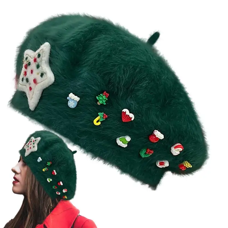 

Womens Beret Hat Christmas Beret Barrette Hat Winter Hat Holiday Hats For Women Girls Womens Beret Christmas Hat