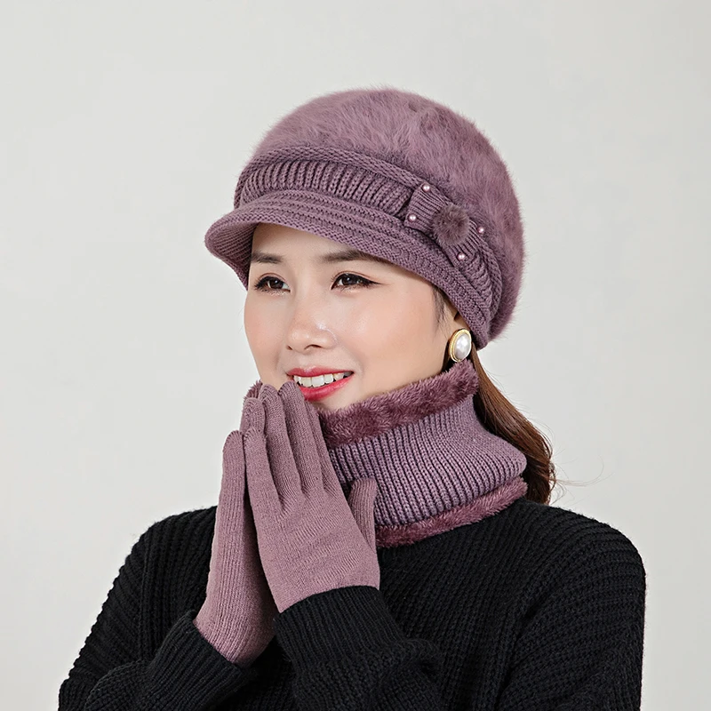 New Winter Hat Keep Warm Cap Add Fur Lined Hat Scarf Set For Women Fashion Bow Rabbit Fur Bucket Knitted Berets Hat Ladies Gift