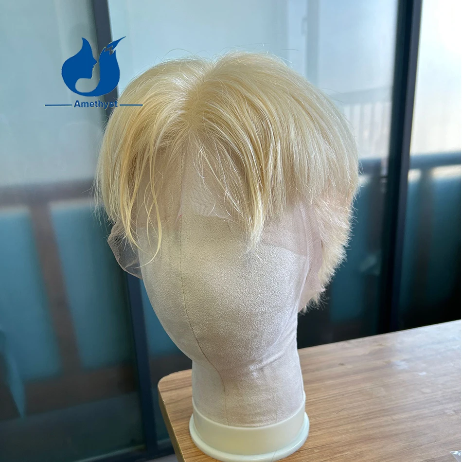 Amethyst 613 Blonde Straight Men's Pixie Cut Wig Full Lace Bob Brazilian Remy Human Hair Pre-Plucked Short Hairstyle for Boy