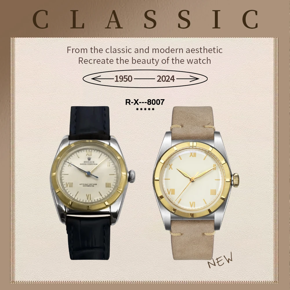 Hestur Automatic Mechanical movement SW200 Crystal Bubble Back C3 Luminous 36mm Couple Simple Antique Men's Watch