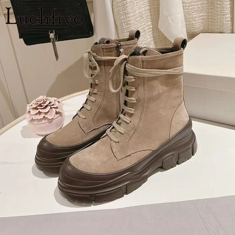 

High Quality Suede Thick Sole Ankle Boots for Women Lace Up Round Toe Runway Short Boots Brand Casual Outdoor Walking Boots