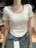 Korean Sle U-Ne ort Sve T-irt Women's Slim Fit Summer Top Base Layer irt Inner Wear Waist Cinch ort Sle Slim...