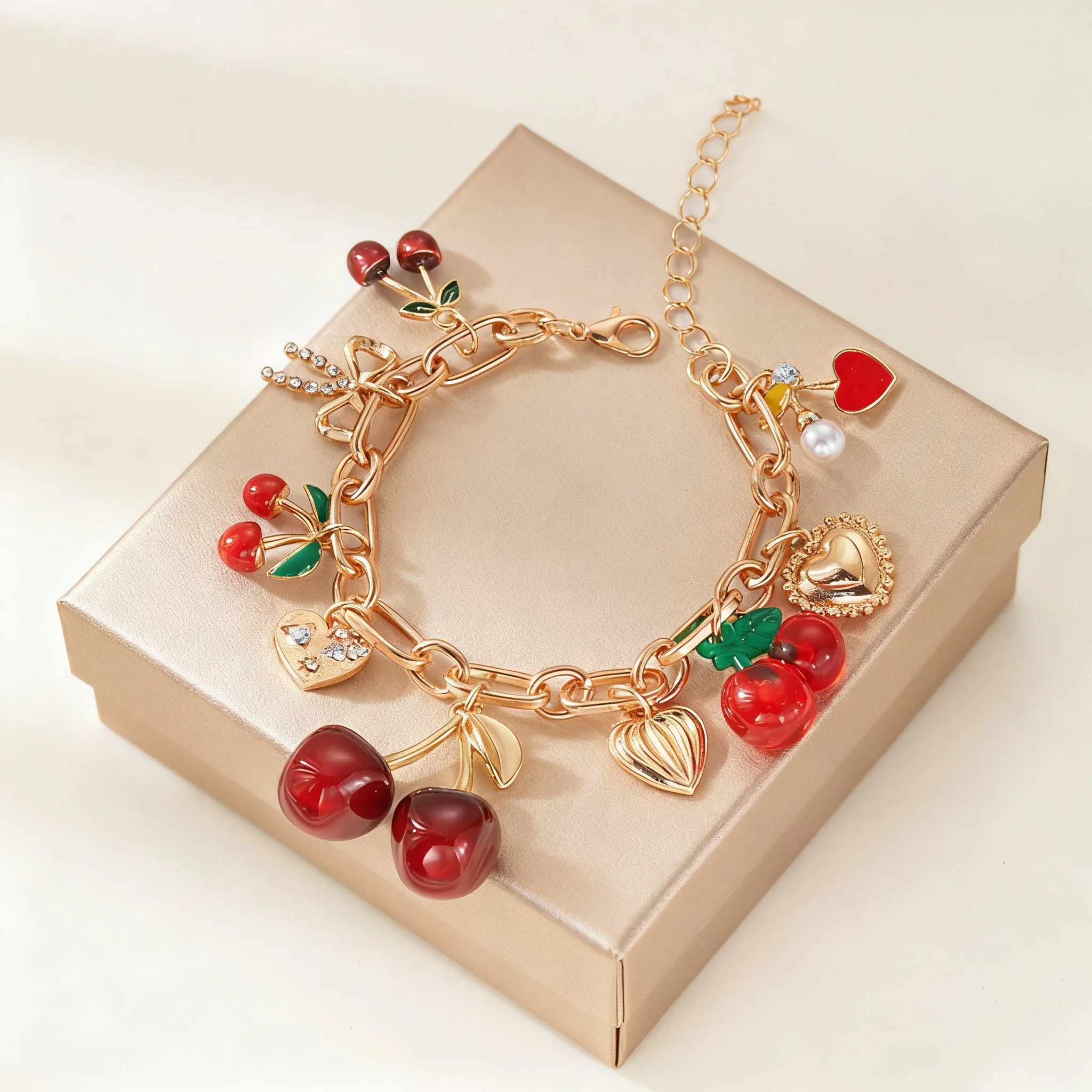 Süßes Niedliches Rotes Erdbeer-Kirsch-Armband für Frauen Handgefertigtes Imitationsperlen-Herzanhänger-Armband Freundschaftsschmuck Geschenk – Detail 3