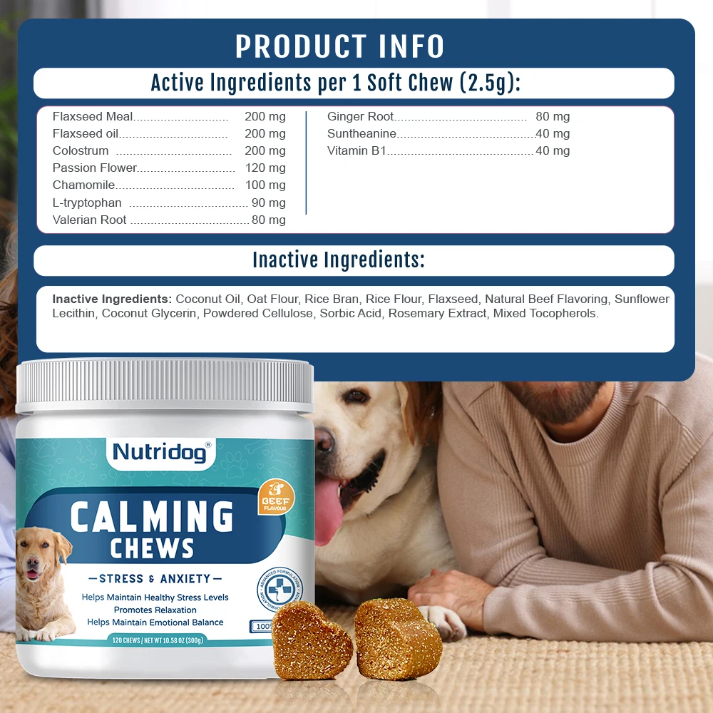 Calming Supplement Chews for Dogs Anxiety Relief with Melatonin Hemp Seeds Chamomile Stress Relief for Thunderstorms 120Ct