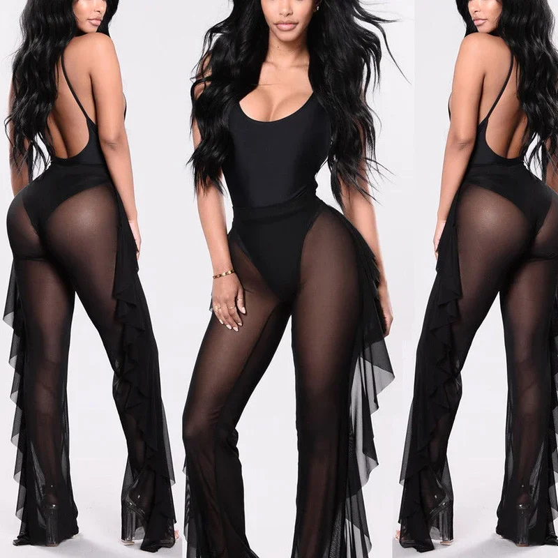 

Women Transparent Mesh Ruffle Beach Cover up Long Pants Swimwear Sheer Trouser Mujer High Waist Sexy Harem Pants indie Large