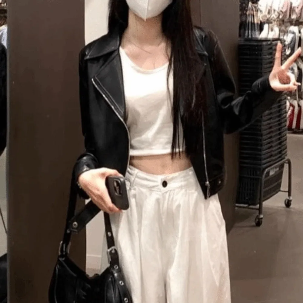 Fashion Pleated Leather Jacket Women Korean Chic Lapel Collar Vintage PU Coats Outerwear Zipper Overcoat Streetwear