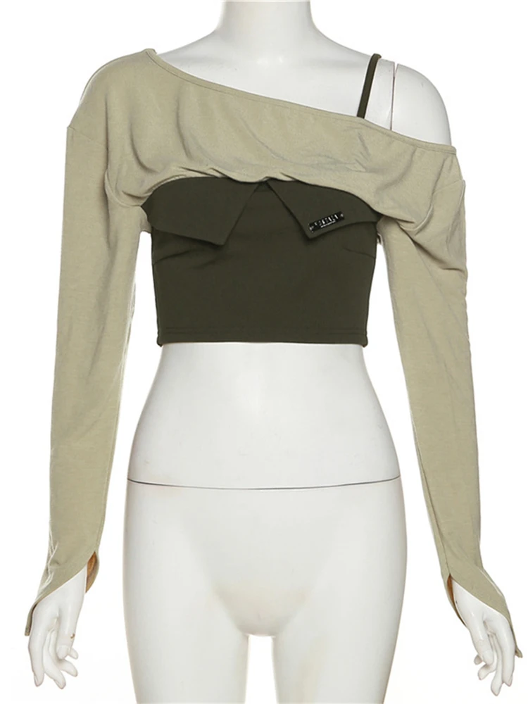 Green Patchwork Y2k Tops Women Spring Autumn Long Sleeve Off