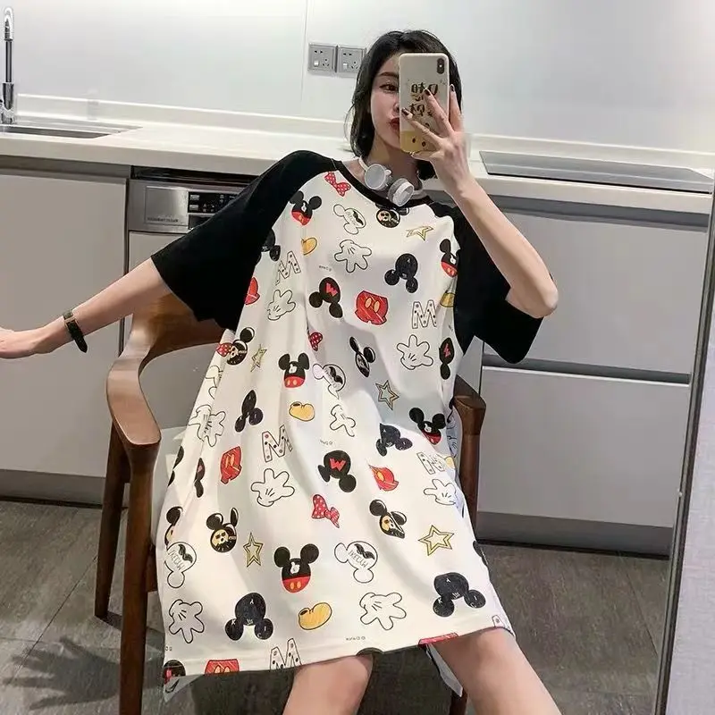 

Disney Mickey Print Pajamas Nightdress Summer Loose Women Short Sleeve Nightdress Cute Cartoon Casual Mickey Mouse Homewear