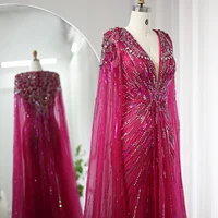 Luxury Dubai Sage Green Evening Dresses with Cape Fuchsia Crystal Gold Elegant Women Wedding Formal Party Gown 399 9