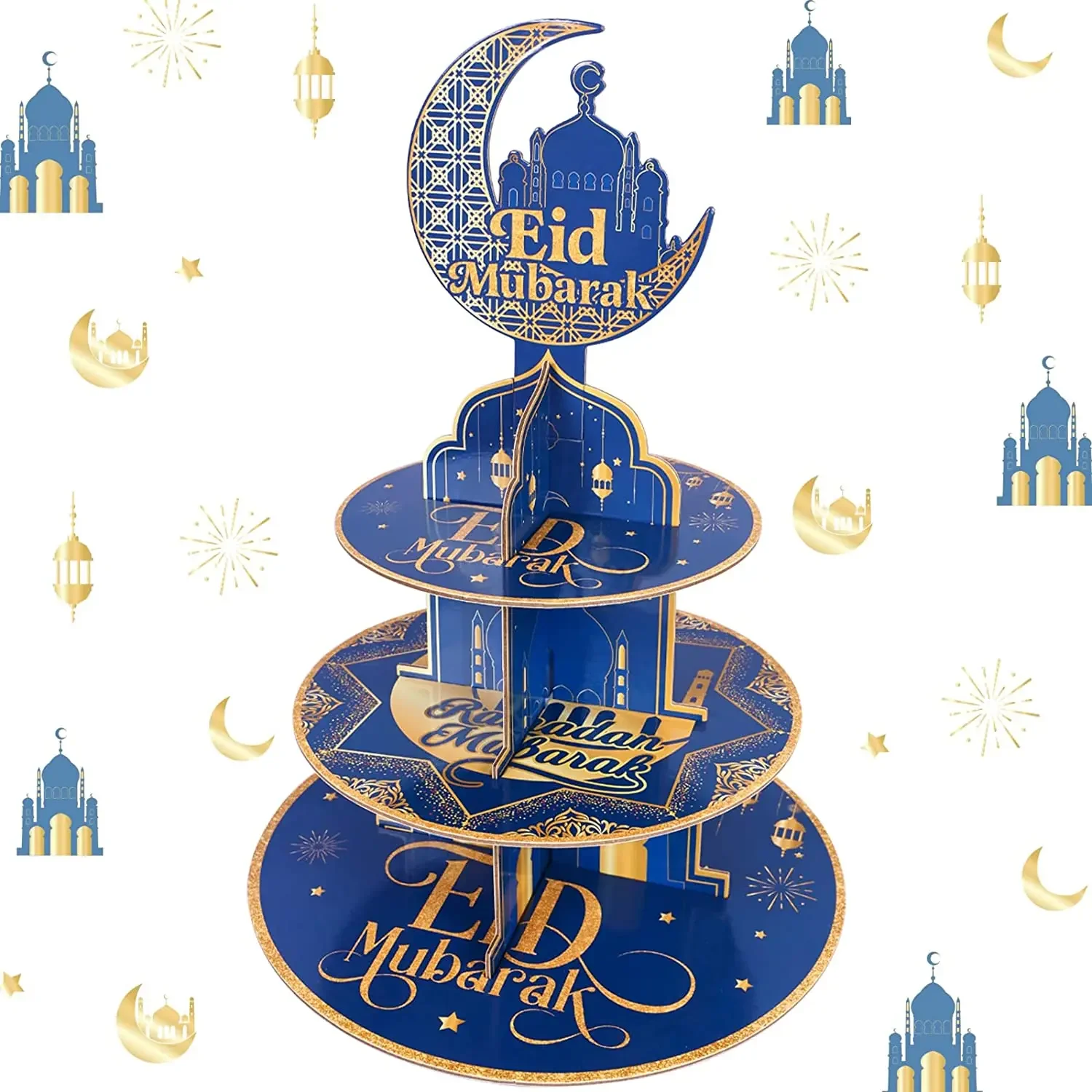 

Картонная подставка для торта Kreatwow-Eid Mubarak, складная башня для кексов, десертов и конфет, тема голубой идентификации, трехуровневая