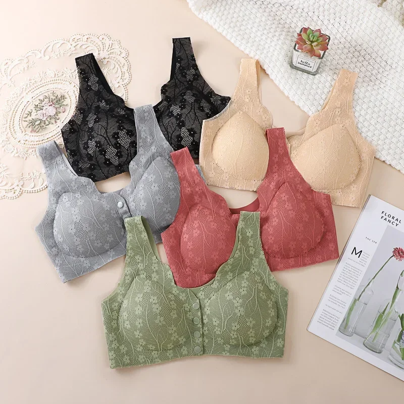 Mom's underwear, middle-aged and elderly women's bras, seamless front open button vest style, oversized summer thin new bra 5