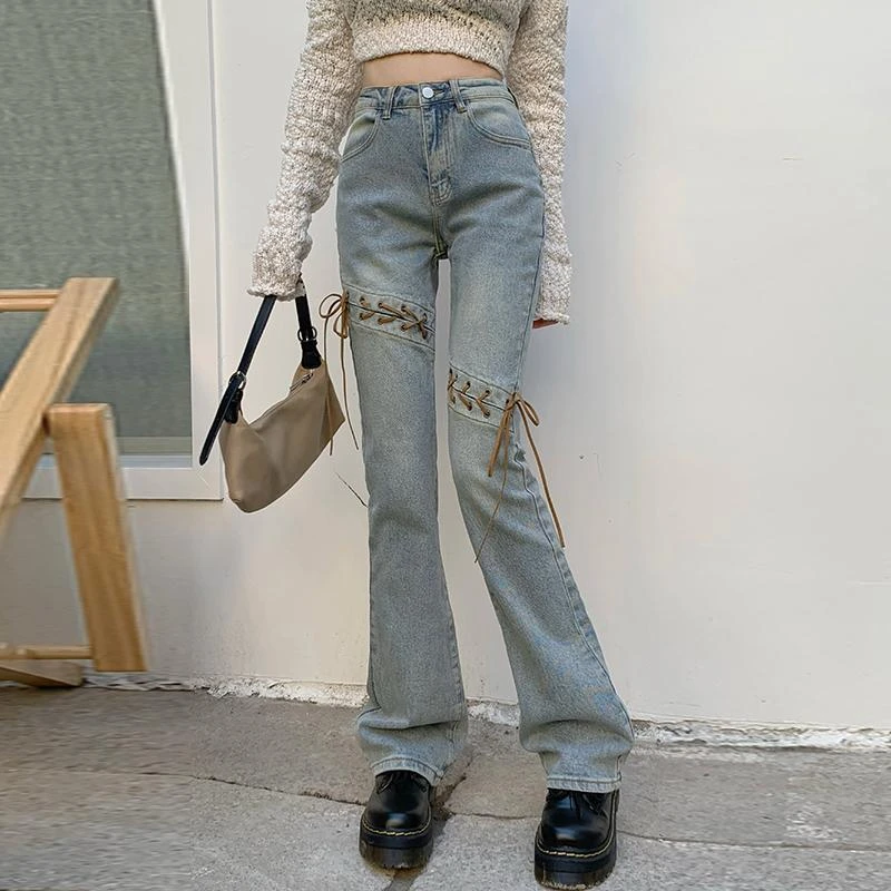 

2023 Autumn Winter New Streetwear Sexy Slim Fit All-Match Flared Pants Retro Hollow Lace-Up Split Casual Jeans Women Y2k
