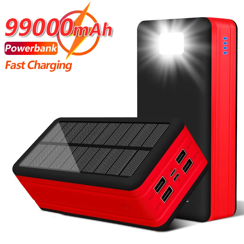 99000mAh Large Capacity Solar Power Bank Portable Battery LED 4USB Outdoor Travel External Battery for IPhone Samsung Xaiomi wireless charging power bank