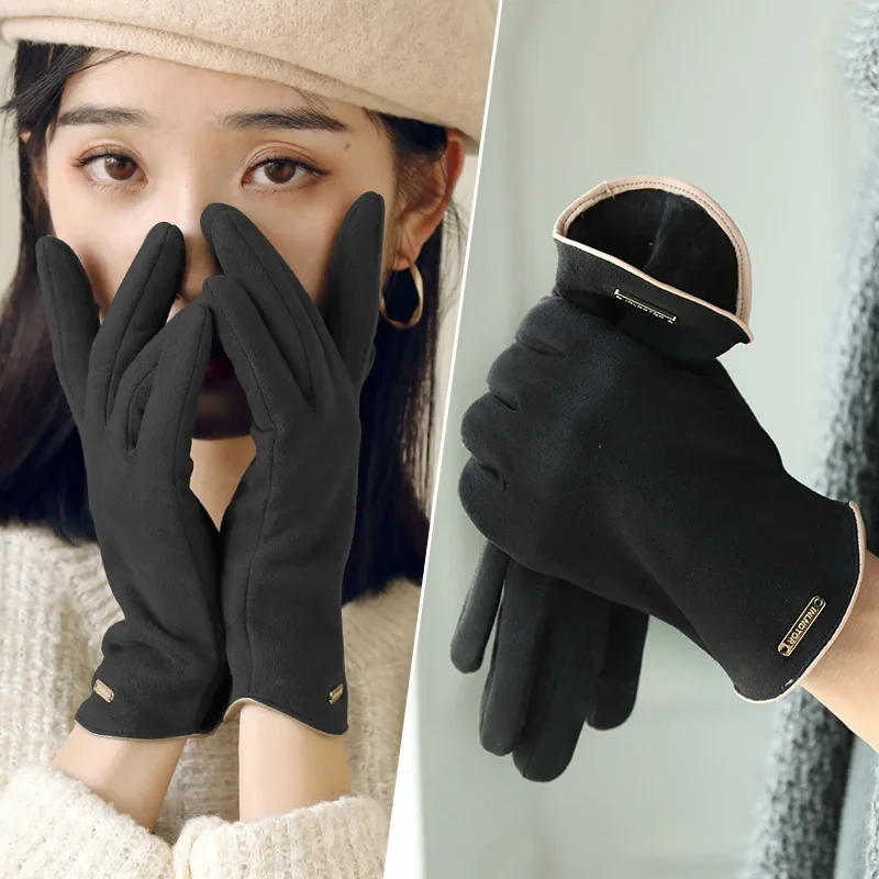 Warm Gloves Women's Winter Lovely Suede Windproof Driving Gloves Autumn and Winter Plus Velvet Cycling Fingerless Touch Screen