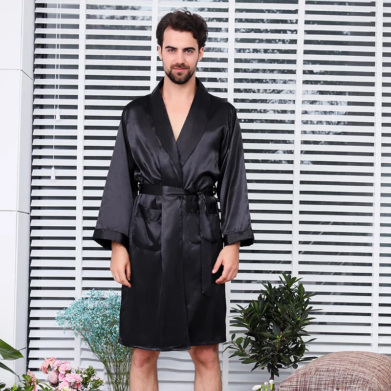 

Men Nightwear Kimono Black Satin Sleepwear Robe&Shorts Pajamas Set Print Bathrobe Gown Lounge Wear Home Clothes