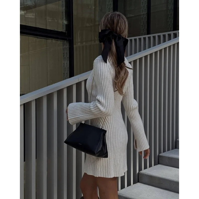 Hollow Out Ribbed Knitwear Mini Dress Female Sexy Loose High Waist Patchwork Party Dress Casual Elegant Knit Women Dress