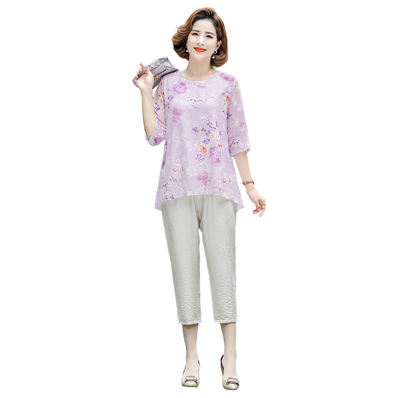 

Костюм из двух предметов для матери, Летний шифоновый топ с коротким рукавом и принтом + штаны, костюм из двух предметов, одежда для женщин среднего возраста