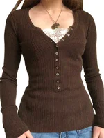 Women Button Front Knit Tops Long Sleeve Lace Patchwork Slim Fit Sweater Fall Fairy Grunge Gothic Y2K Clothes 1