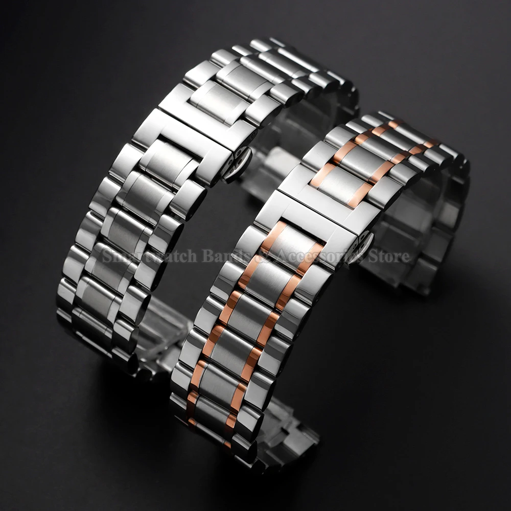 Elegant Stainless Steel Watch Strap with Butterfly Clasp - Flat & Curved Design