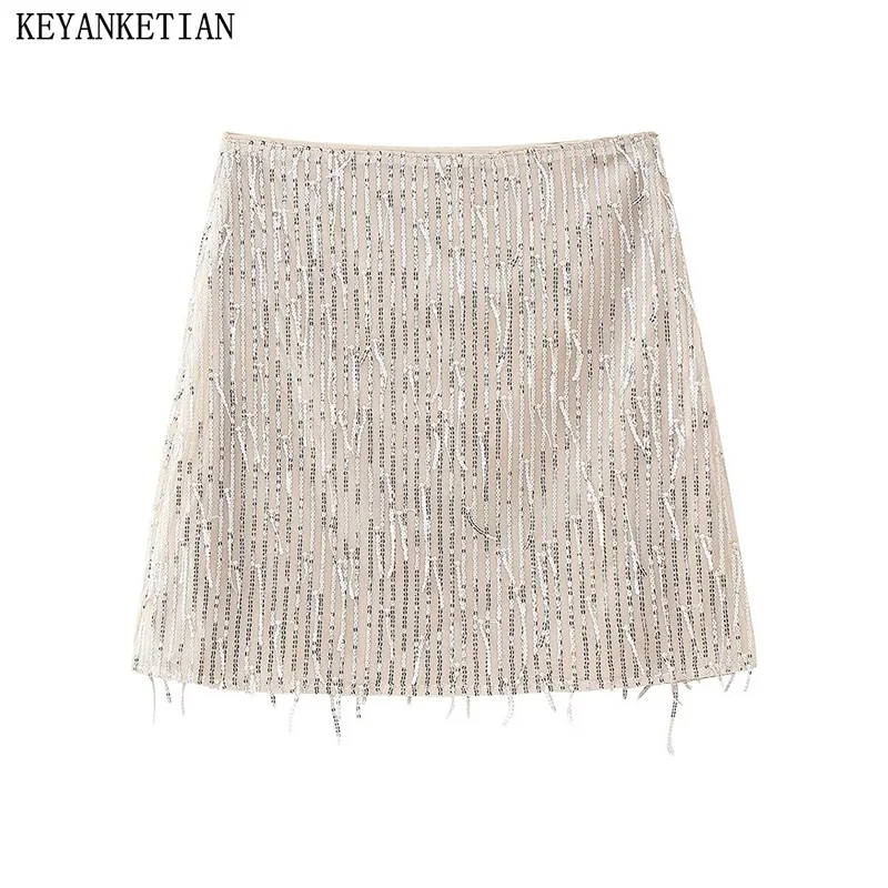 

KEYANKETIAN 2024 New Launch Women's Sequined Tassel Decoration Luxury Zip High-waisted Skirt Spring Slim A Line Mini Skirt