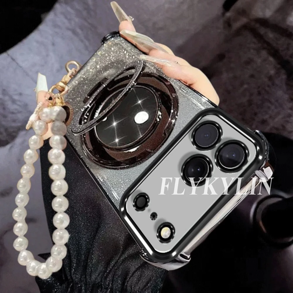 Enhanced Flashing Anti-Drop Phone Case with Makeup Mirror Holder and Pearl Chain