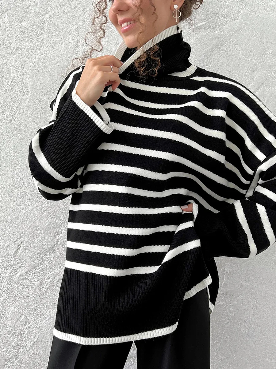 Bornladies  Autumn Winter Thick Women's Striped Oversized Sweater Warm Loose Knitted Turtleneck Sweater Casual Jumper Pullover