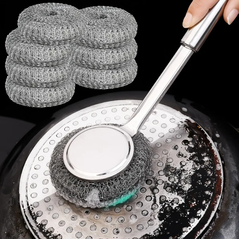 Description Picture 2 of itemSteel Wire Ball Pot Brush Kitchen Pan Dishes Cleaning Brush Long Handle Metal Wool Scourer Strong Decontamination Cleaning Wipe