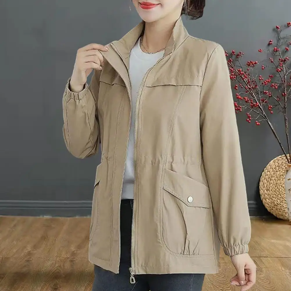 Women Autumn Winter Double Layer Windbreaker Stand Collar Long Sleeve Zipper Placket Inner Drawstring Pockets Coat men autumn coat hoodie color block zipper long sleeve patchwork hooded all match drawstring pockets sweatshirt male clothes