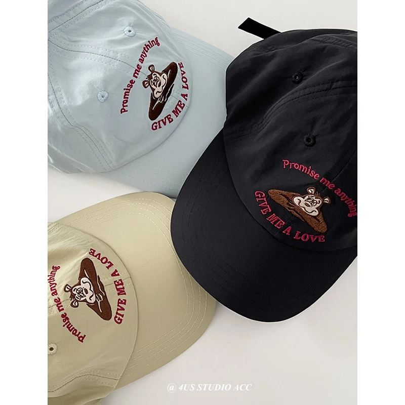 귀여운 곰돌이 봉우리 모자 여성, 빠른 건조 소프트 탑, 곡선 챙, 차양 야구 모자, 한국 스타일, 여름