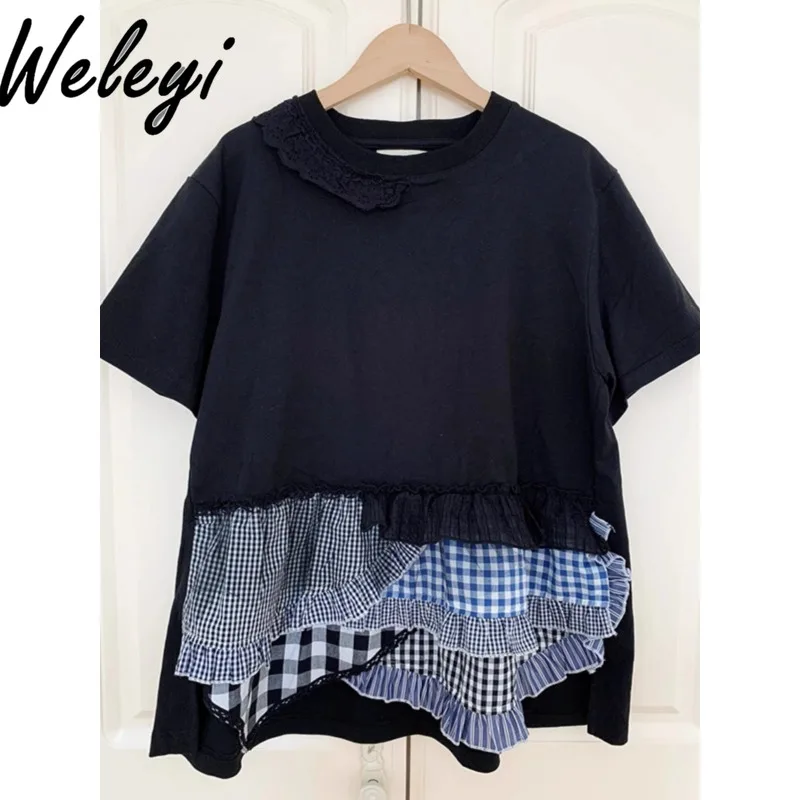 

2024 Summer New Super Nice T Shirts Women's Clothing Japanese Sweet All Matching Stitching Fake Two Pieces Short Sleeve Koszulki