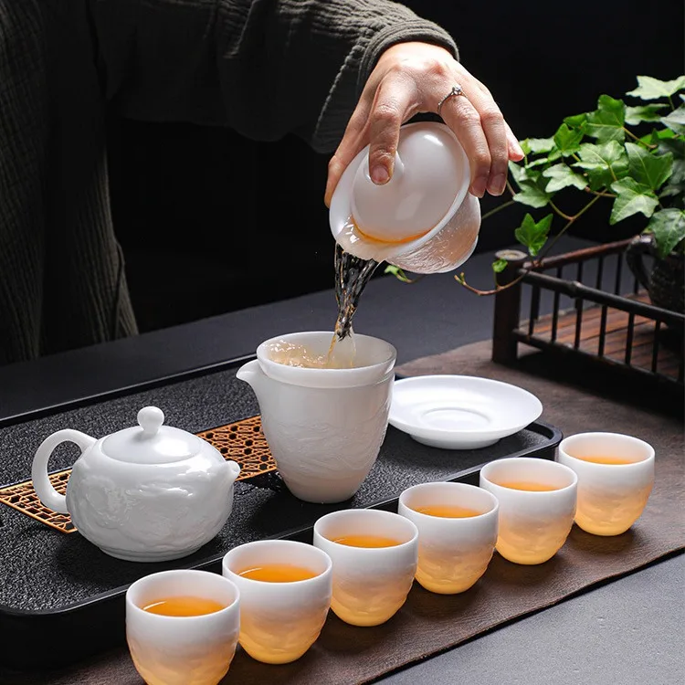 

High end Ice Jade Porcelain Kung Fu Tea Set, Simple Home, Office, Light Luxury, White Porcelain Three Talent Cover Bowl, Tea Pot