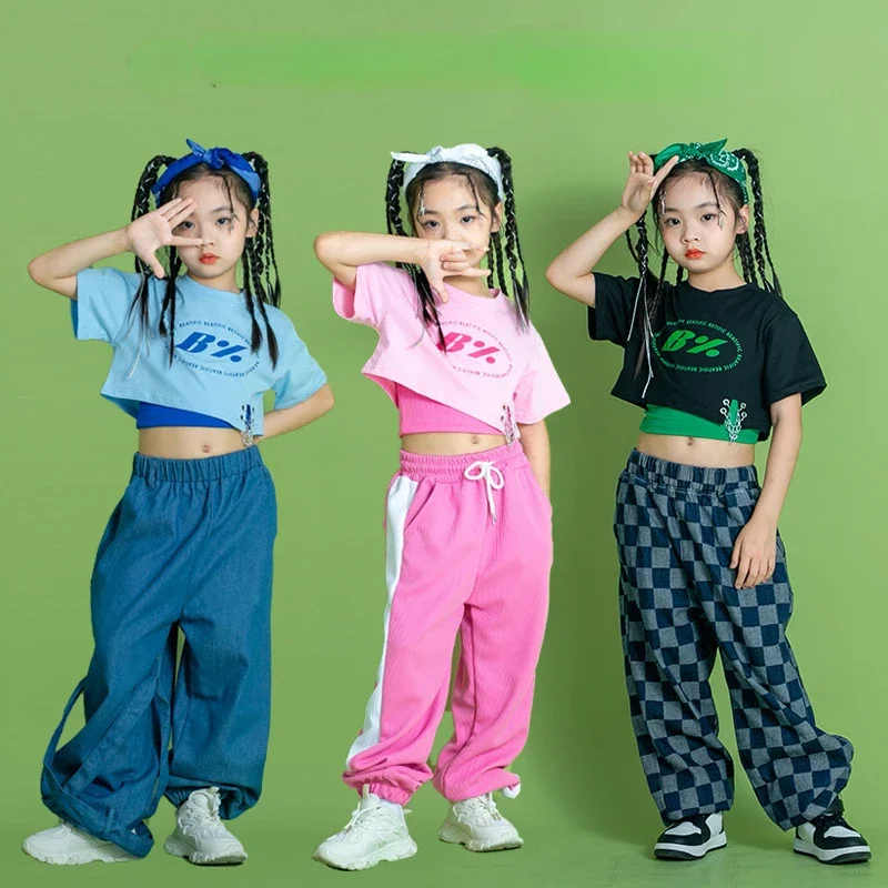 

Girl Hip Hop Crop Top Heckerboard Denim Cargo Pants Jazz Street Dance Performance Clothing FASHION SHOW Stage Clothing