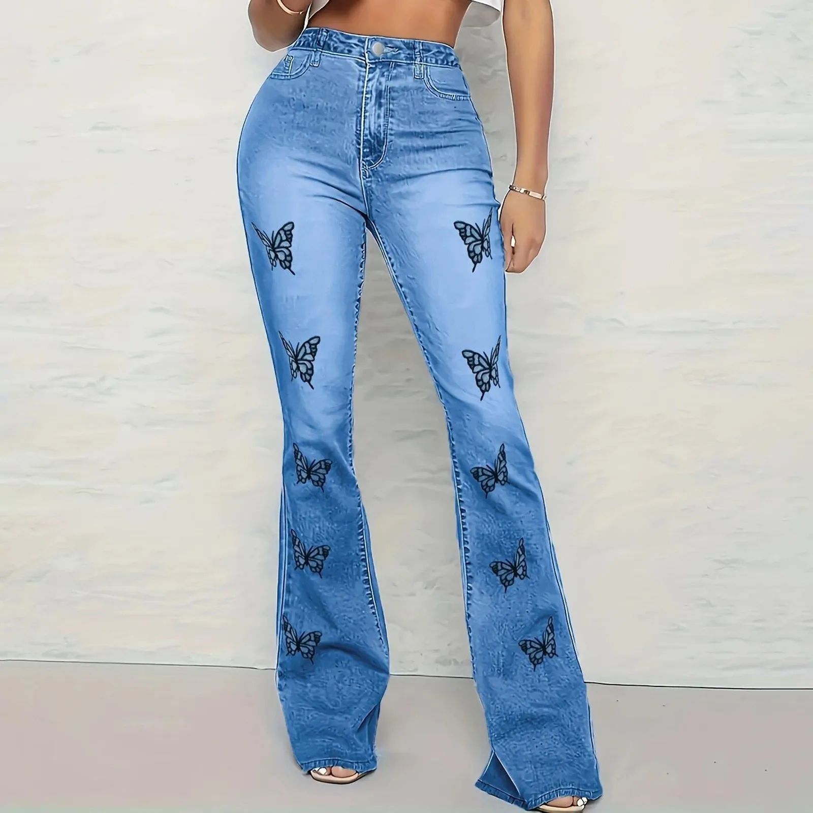 Stretchy Women Flare Jeans Pant Butterfly Embroidery Slim Fit Bell Bottoms Skinny Jeans Woman High Waist Mom Jeans Trousers