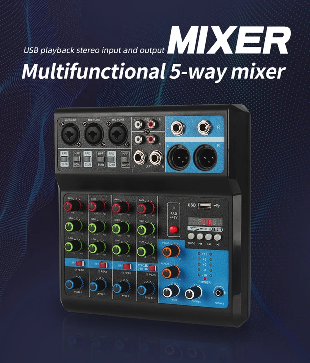HD Audio 5 Channel Sound Mixer Portable Console Computer Input 48v Power Live Broadcast Sound Audio Mixer