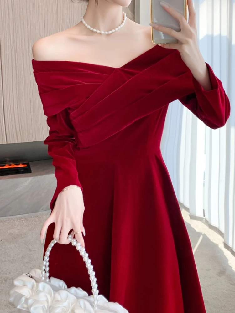 Vestido Rojo de manga larga para mujer, traje elegante e informal