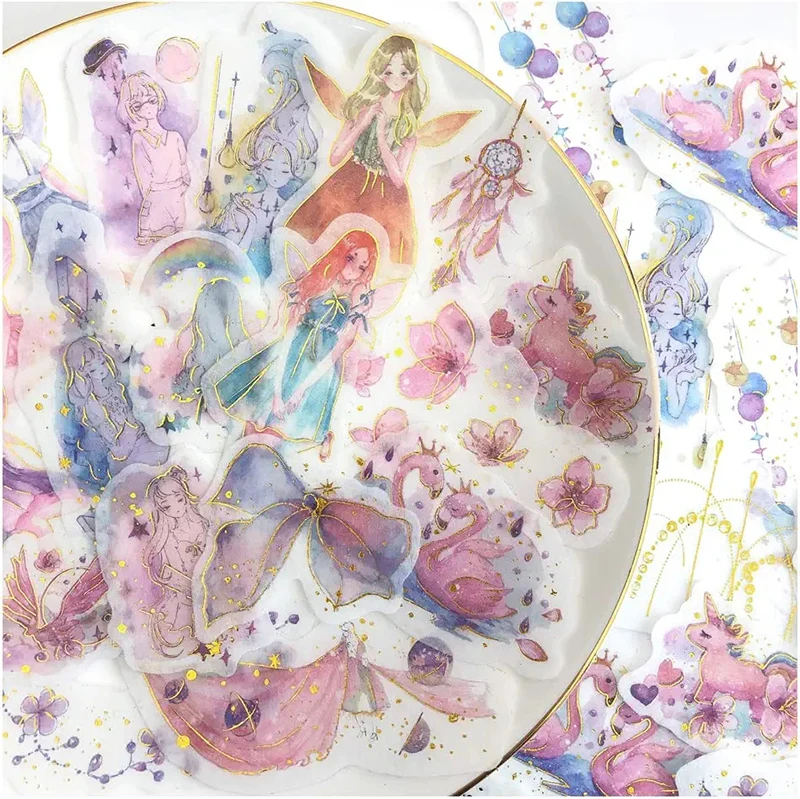 60PCS Cute Washi Paper Fairy Tale World Washi Sticker Set Kawaii Fairies Girl Cherry Flower Dream Catcher Sticker for Scrapbook