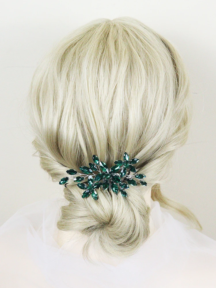 Green Rhinestone Hair Comb Bohemian Bridal Hair Accessories for Women Girls Handmade Wedding Head Jewelry Party Prom Clips