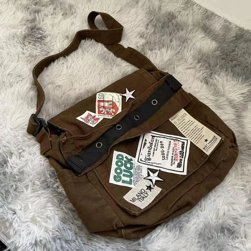 Canvas Bag Women Messenger Bag MBTI Vintage Y2k Messenger Bag for Women Canvas Star Patch Students School Crossbody Bags American Fashion Retro Female Handbags