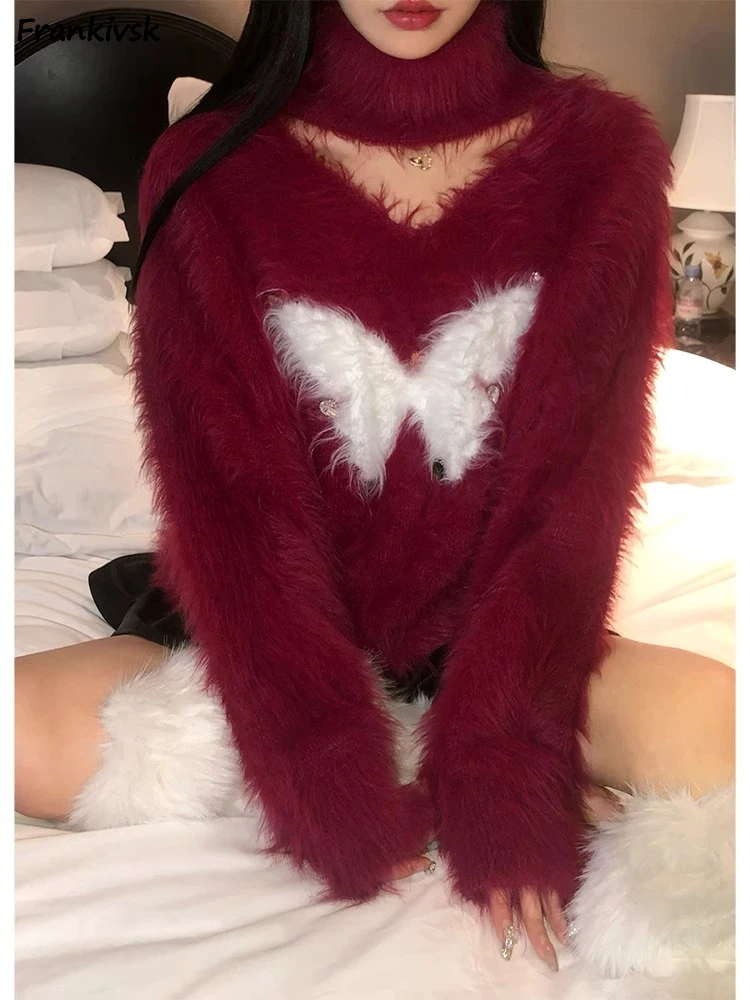 

Loose Sweaters Women Spliced Diamond Slouchy American Style Knitwear Sweet Elegant Autumn Winter Fluffy Leisure Stylish Tender