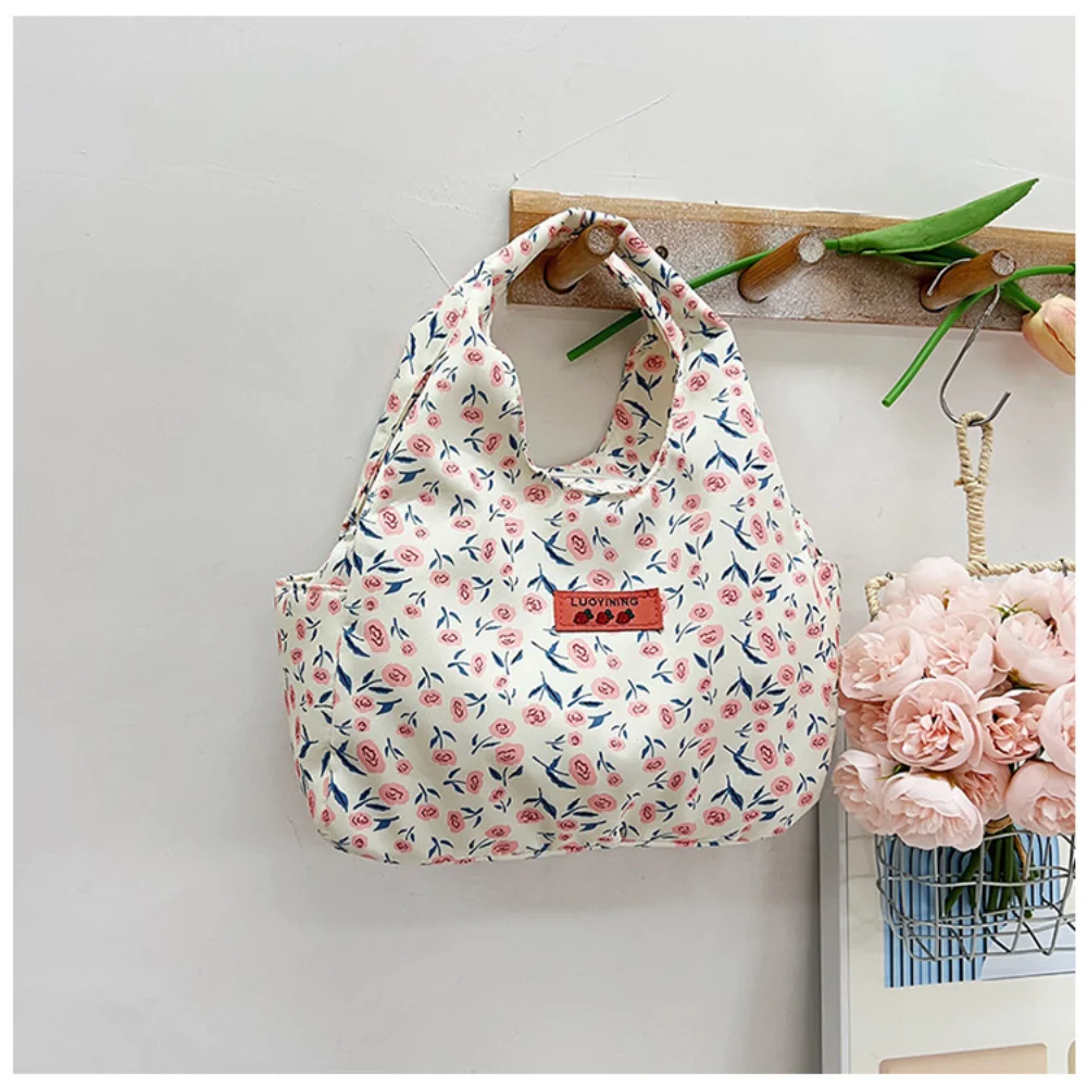 Small Floral Print Handbag For Women Commuting Handheld Bento Bag Large Capacity Student Lunch Bag Casual Shopping Wrist Bag
