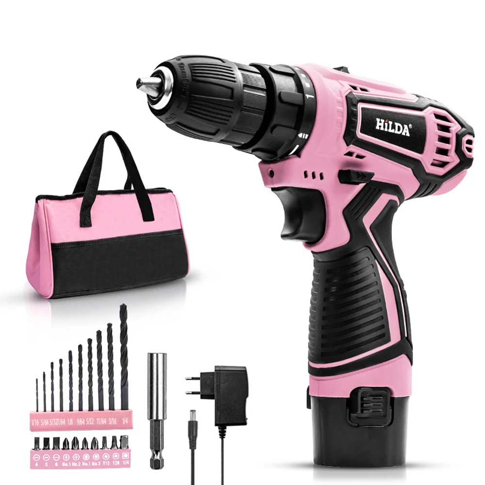 

12V Lithium Battery Screw Drill Power Tool Double Speed Torch Drill Electric Screwdriver Household Hardware Home Diy For Lady