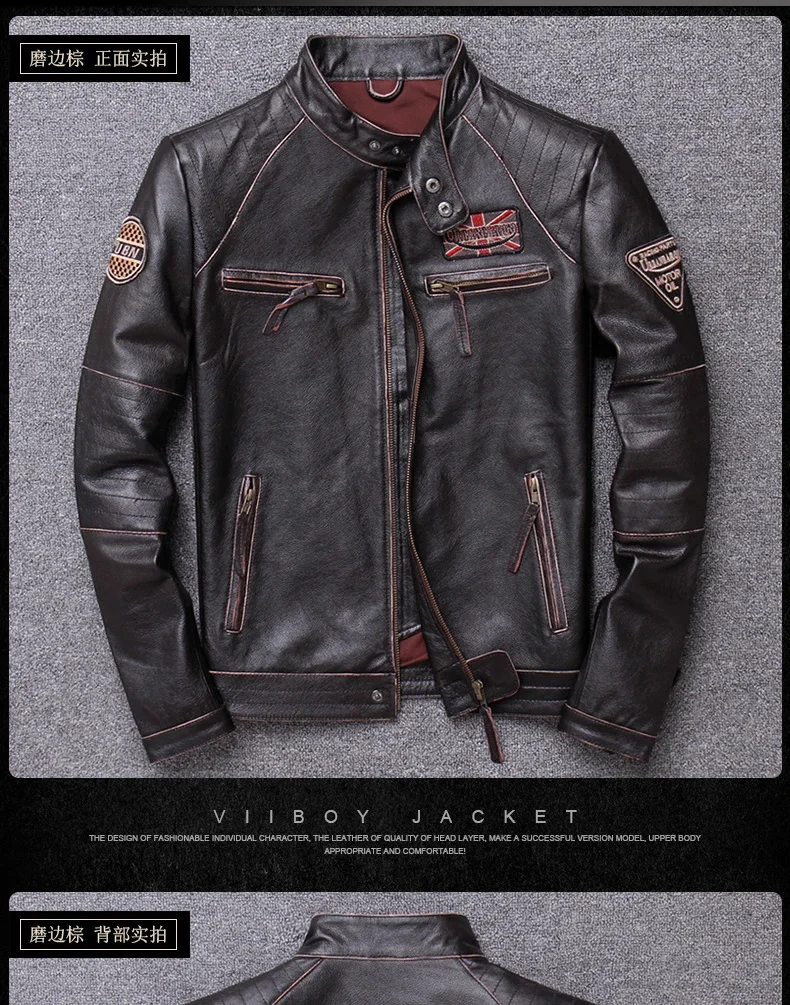 Description Picture 6 of itemHigh Quality Genuine Leather Jacket Man Vintage Autumn Winter Stand Collar Motorcycle Men 100% Real Cowhide Coat